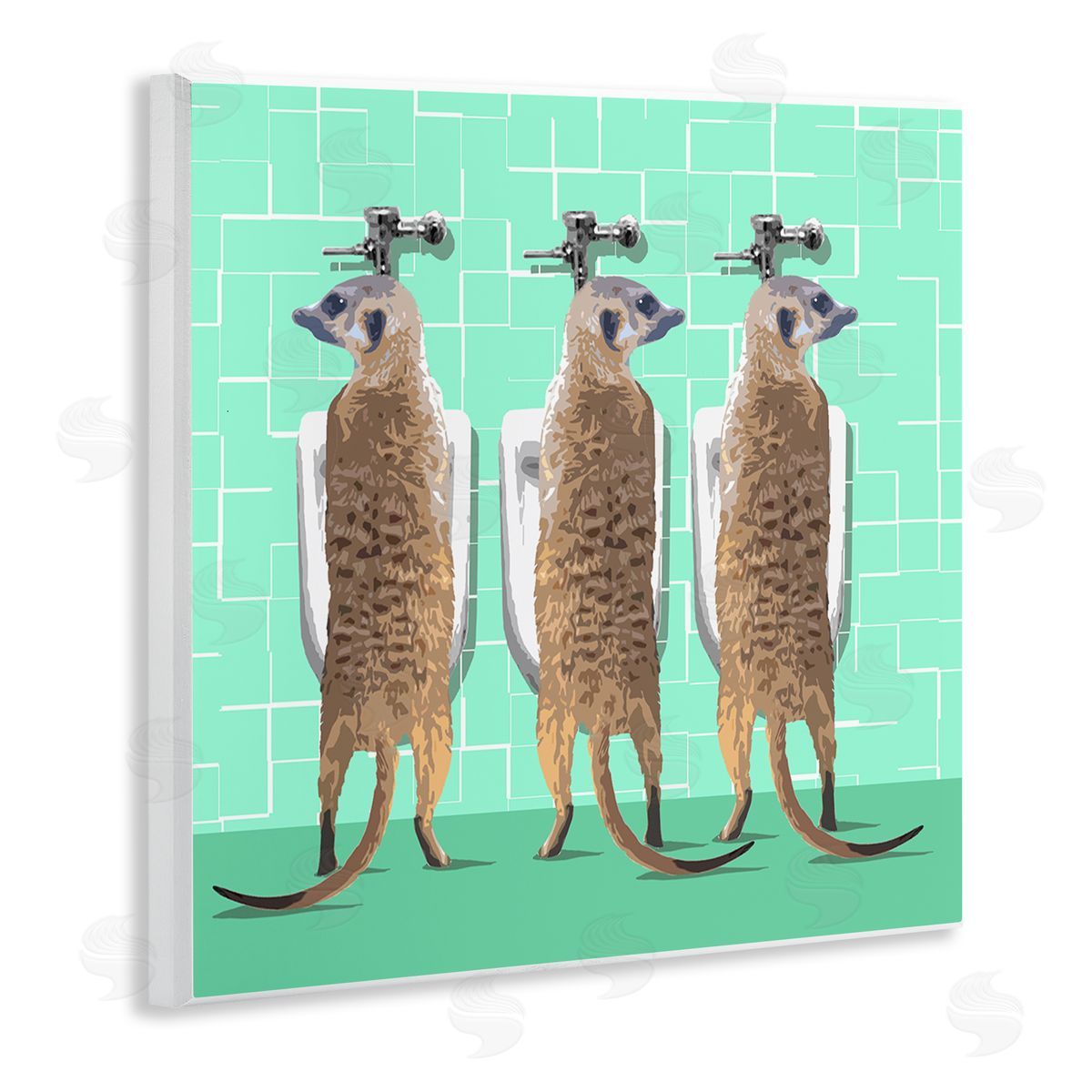 Noah Bay Funny Meerkats Using Urinal Toilet Green Shapes Pattern Wooden Wall Plaque Art Print