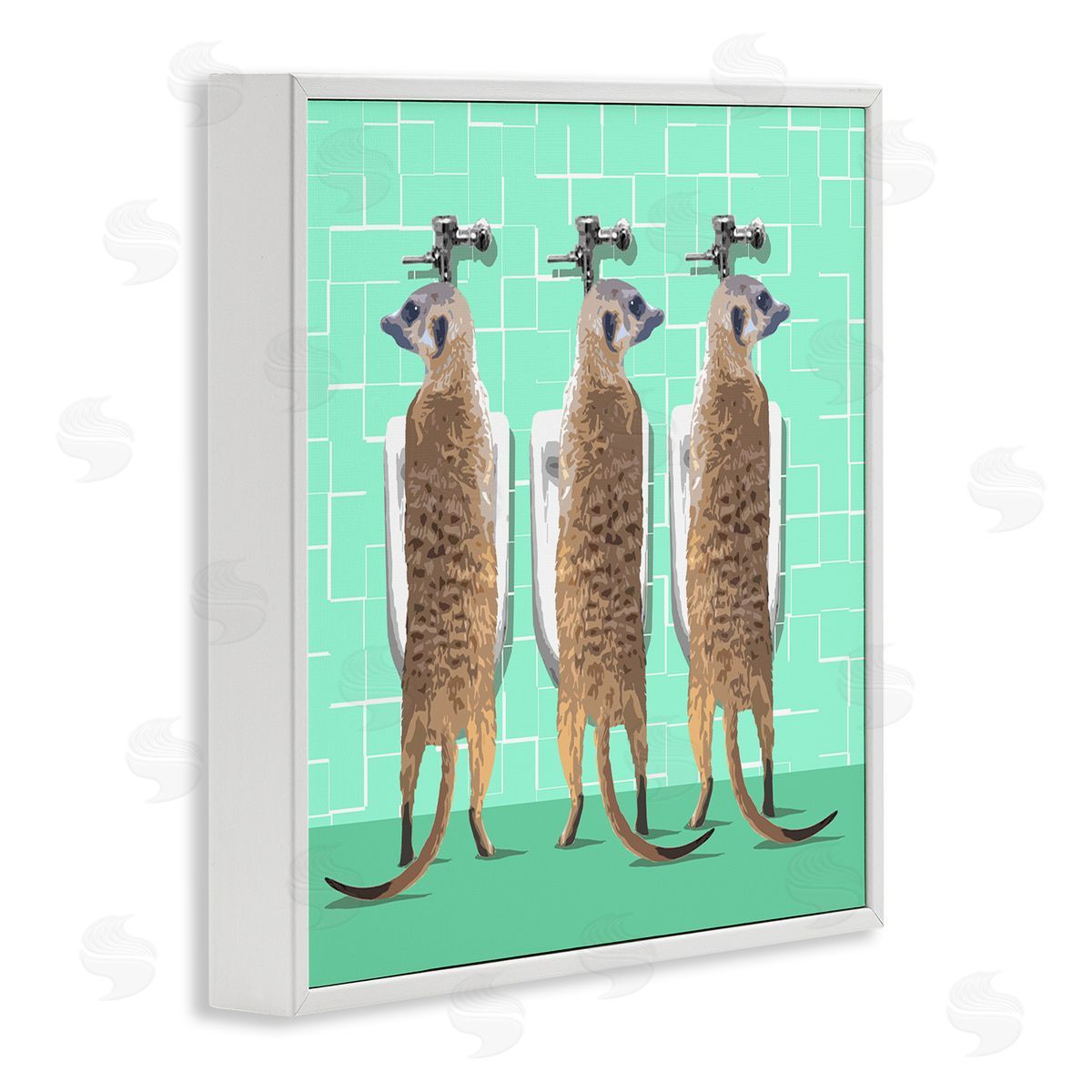 Noah Bay Funny Meerkats Using Urinal Toilet Green Shapes Pattern White Framed Glicee Wall Art Print