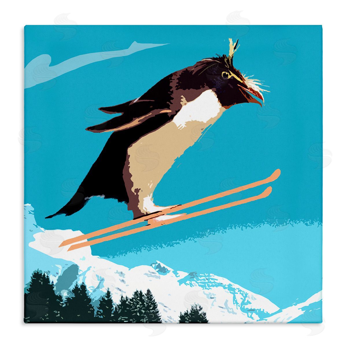 Noah Bay Penguin Skiing Above Trees Winter Sports Illustration Stretched Canvas Wall Art Print