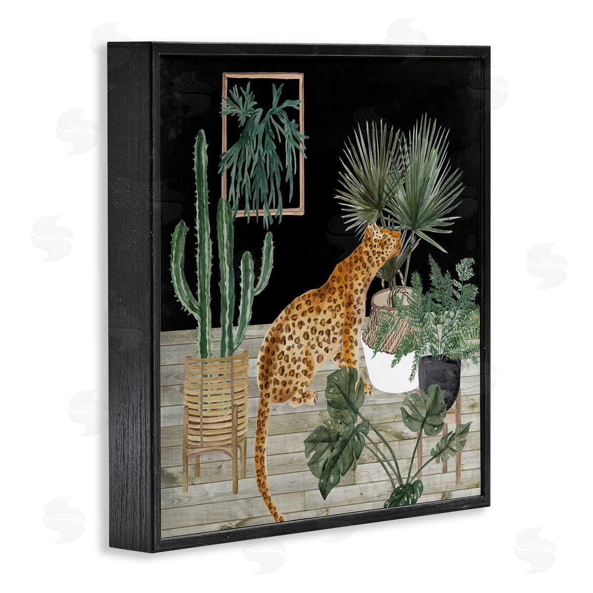 Melissa Wang Leopard Among Various Plants Cactus Planked Floor  Black Framed Glicee Wall Art Print