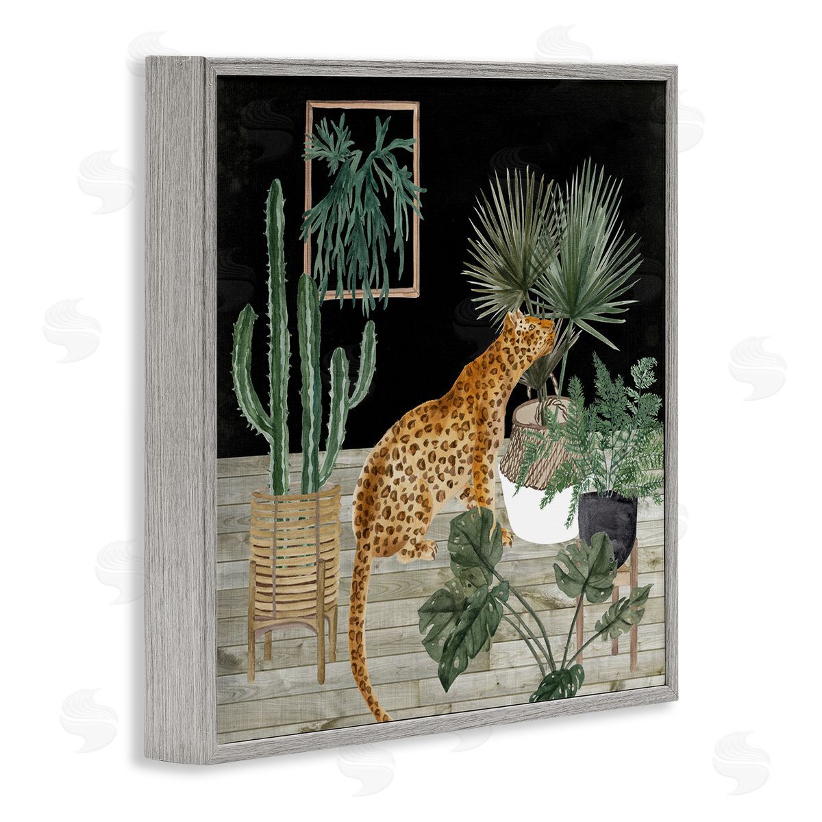 Melissa Wang Leopard Among Various Plants Cactus Planked Floor  Gray Framed Glicee Wall Art Print