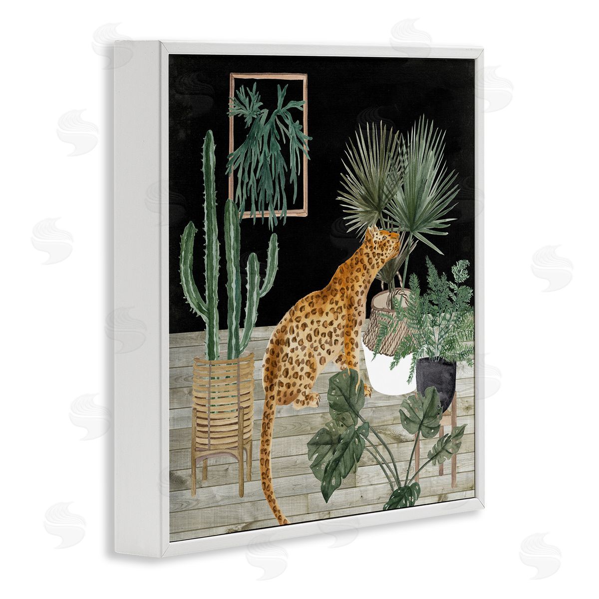 Melissa Wang Leopard Among Various Plants Cactus Planked Floor  White Framed Glicee Wall Art Print