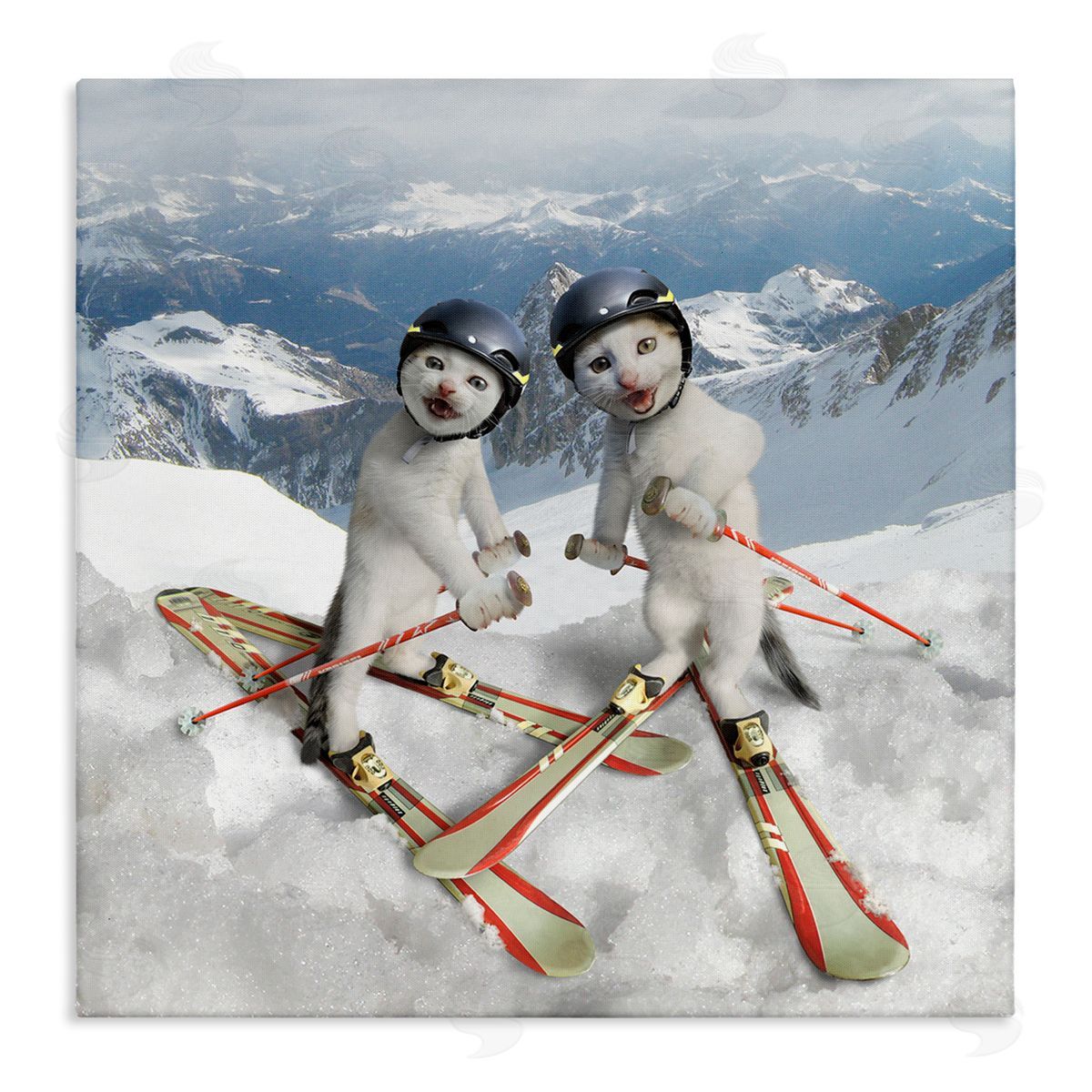 Chiara Humorous White Cats Skiing Gear Snowcapped Mountains Stretched Canvas Wall Art Print