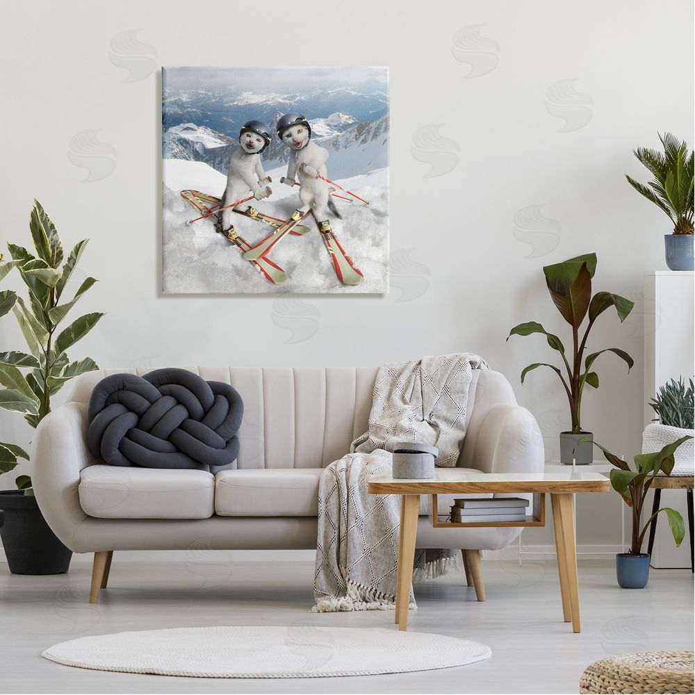 Chiara Humorous White Cats Skiing Gear Snowcapped Mountains Canvas Wall Art in Room