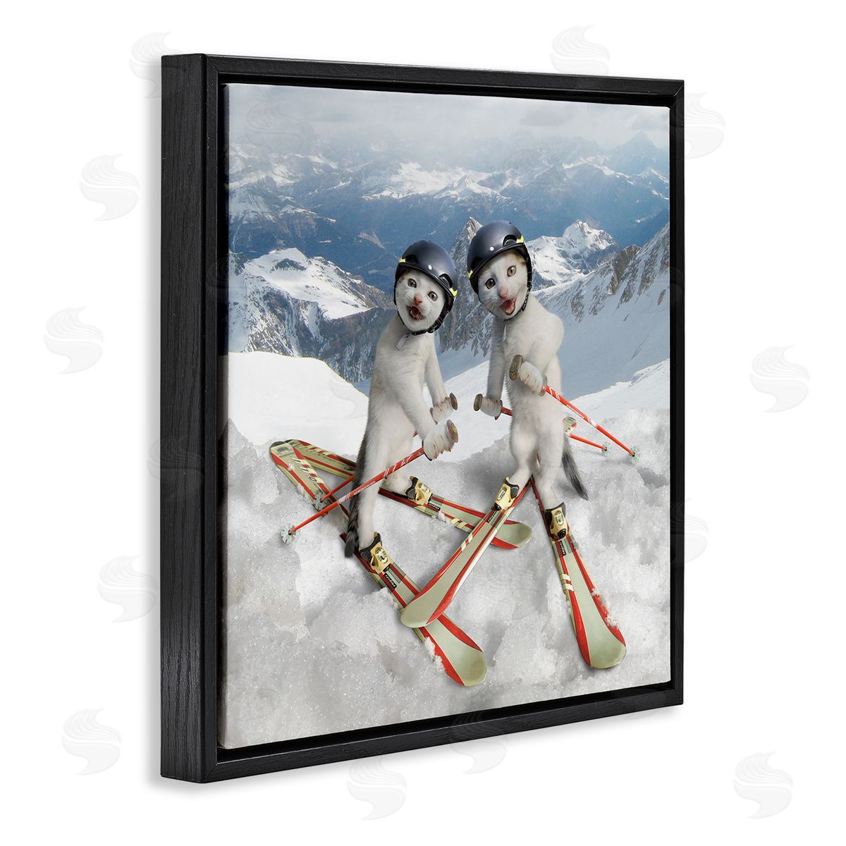 Chiara Humorous White Cats Skiing Gear Snowcapped Mountains Black Floating Frame Canvas Wall Art Print