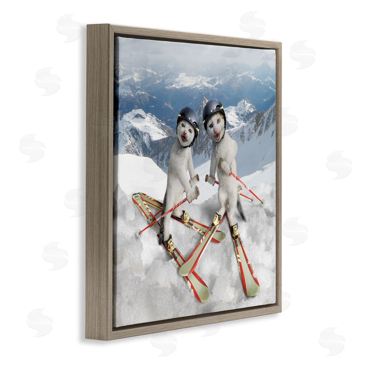 Chiara Humorous White Cats Skiing Gear Snowcapped Mountains Brown Floating Frame Canvas Wall Art Print