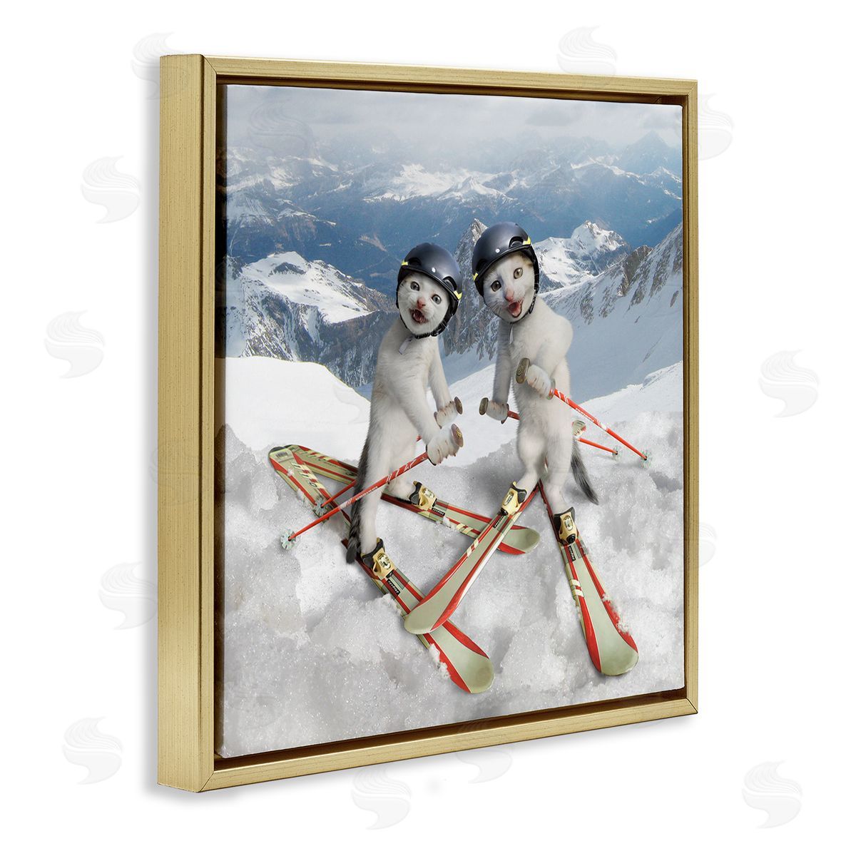 Chiara Humorous White Cats Skiing Gear Snowcapped Mountains Gold Floating Frame Canvas Wall Art Print