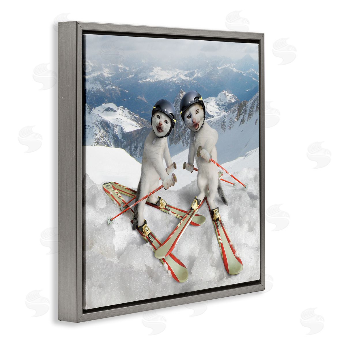 Chiara Humorous White Cats Skiing Gear Snowcapped Mountains Gray Floating Frame Canvas Wall Art Print