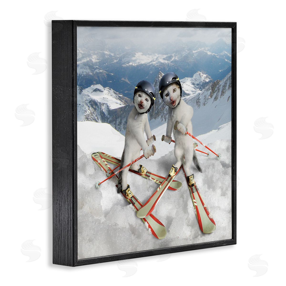 Chiara Humorous White Cats Skiing Gear Snowcapped Mountains Black Framed Glicee Wall Art Print