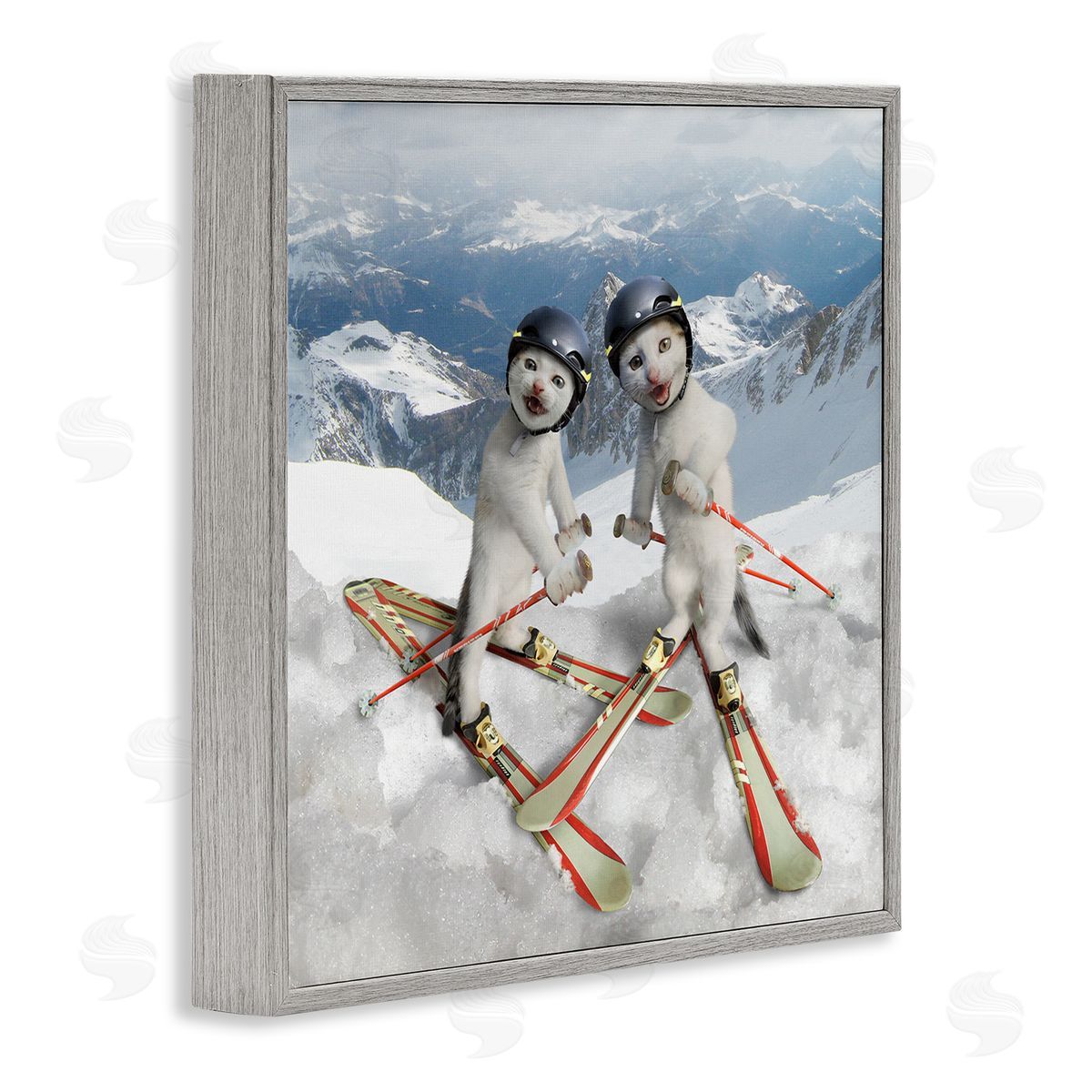 Chiara Humorous White Cats Skiing Gear Snowcapped Mountains Gray Framed Glicee Wall Art Print