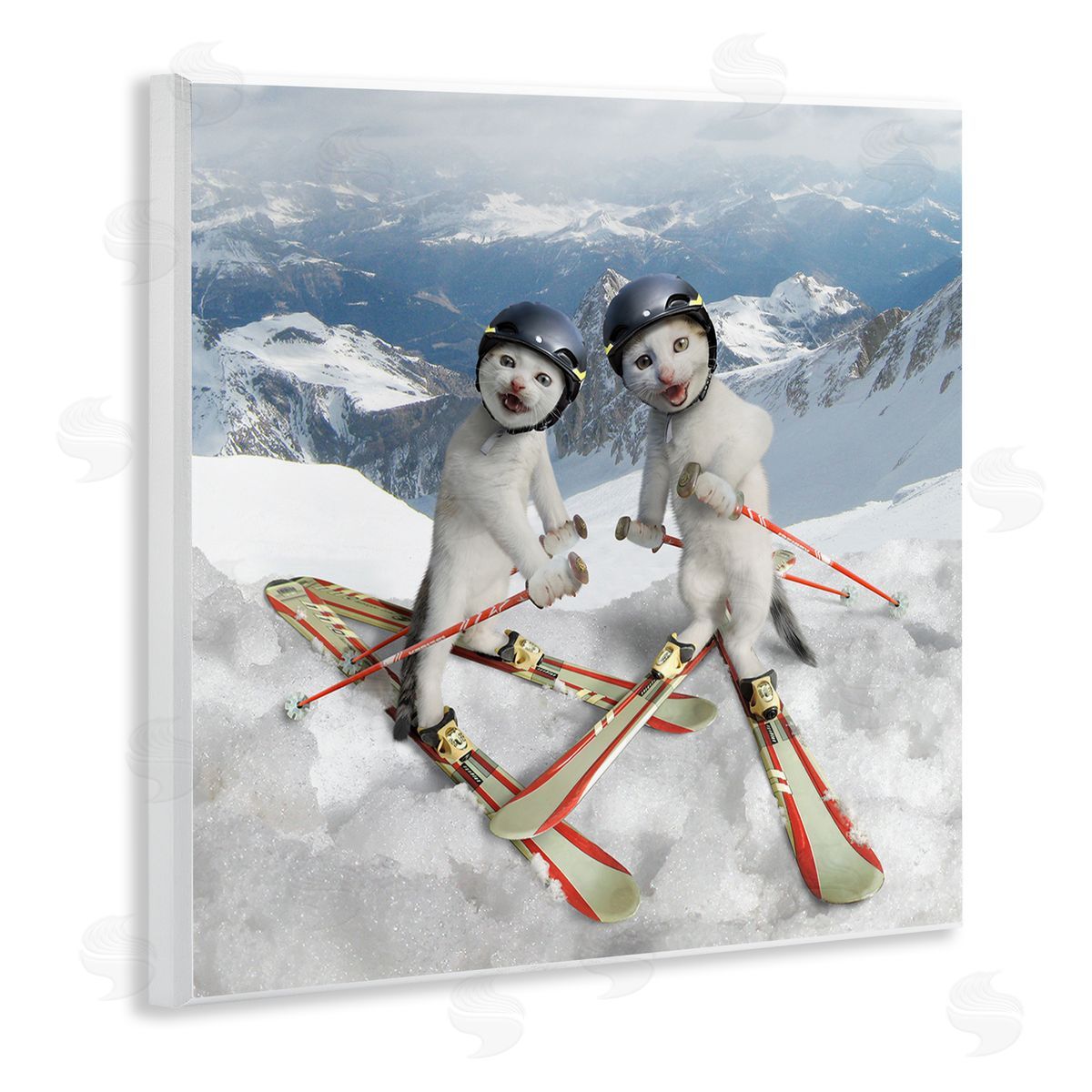 Chiara Humorous White Cats Skiing Gear Snowcapped Mountains Wooden Wall Plaque Art Print