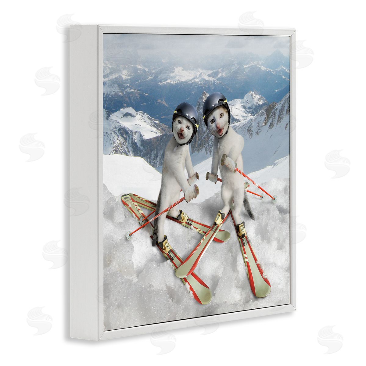 Chiara Humorous White Cats Skiing Gear Snowcapped Mountains White Framed Glicee Wall Art Print