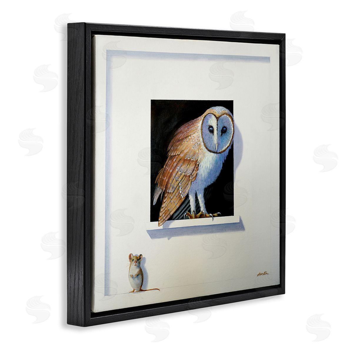 Alan Weston Barn Owl Peeking Little Hiding Mouse Painting Black Floating Frame Canvas Wall Art Print