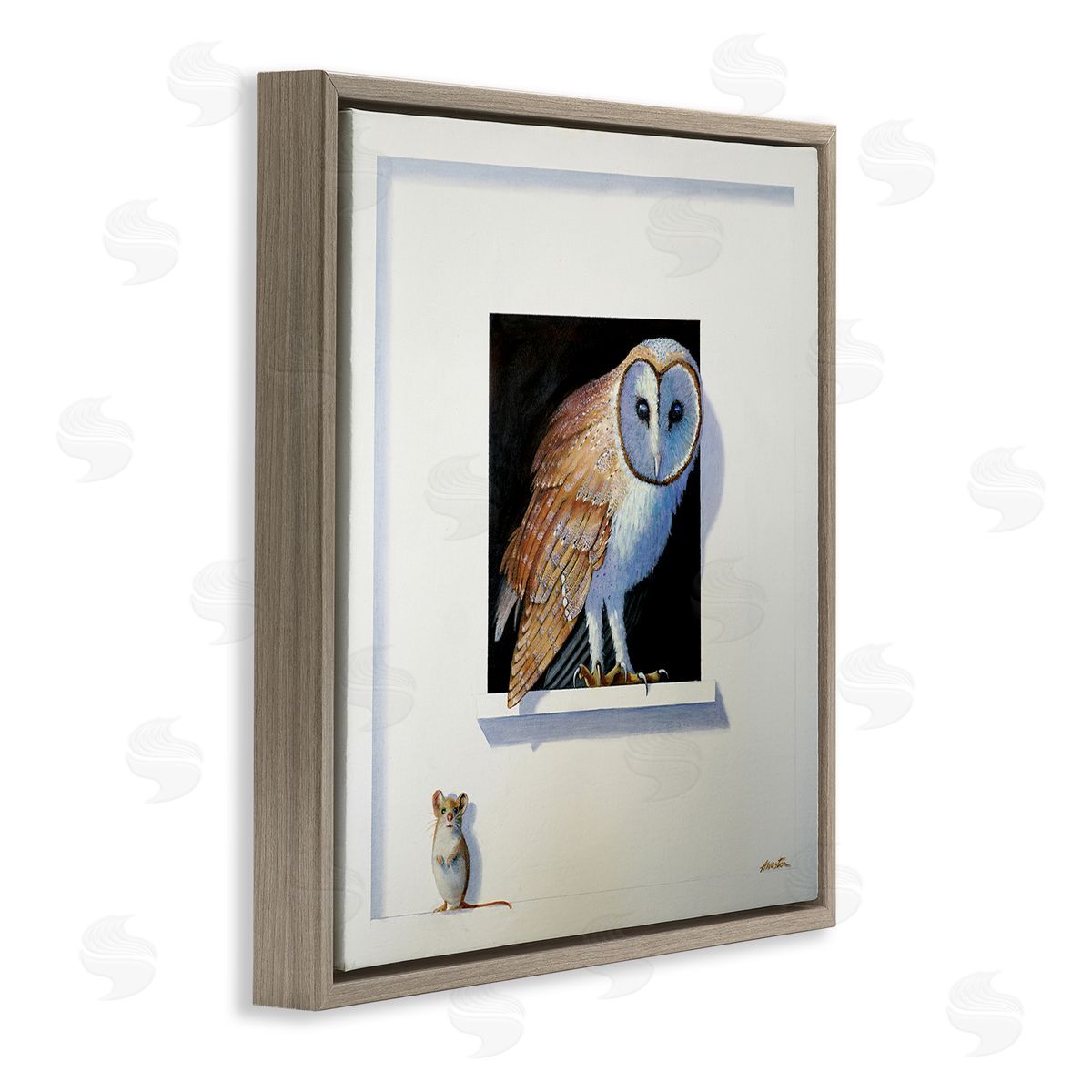 Alan Weston Barn Owl Peeking Little Hiding Mouse Painting Brown Floating Frame Canvas Wall Art Print