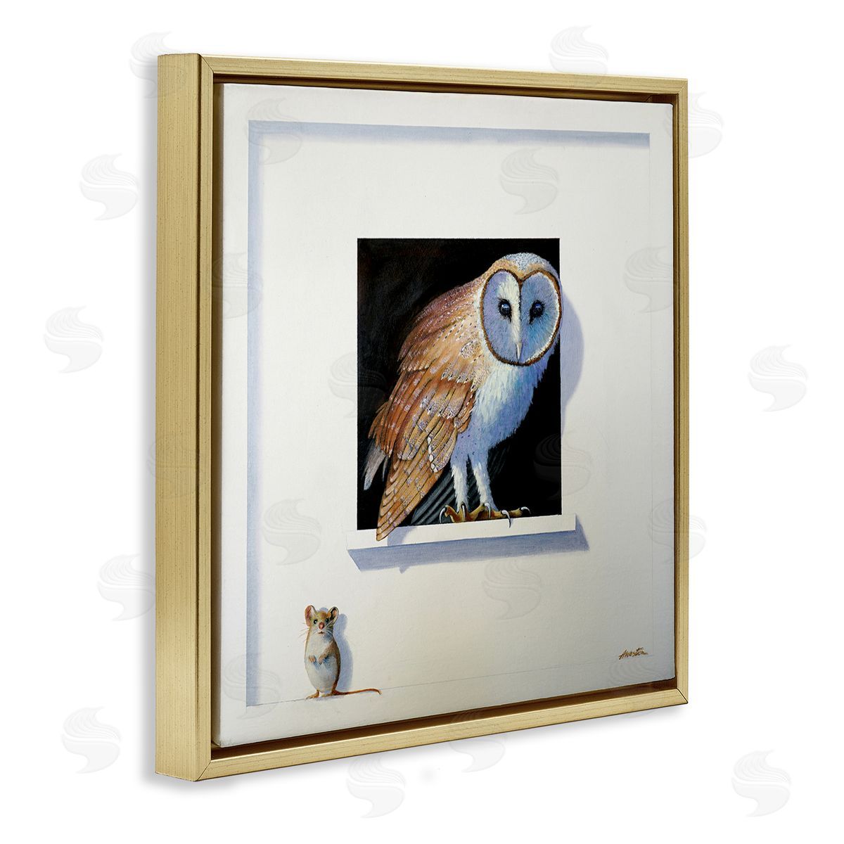 Alan Weston Barn Owl Peeking Little Hiding Mouse Painting Gold Floating Frame Canvas Wall Art Print