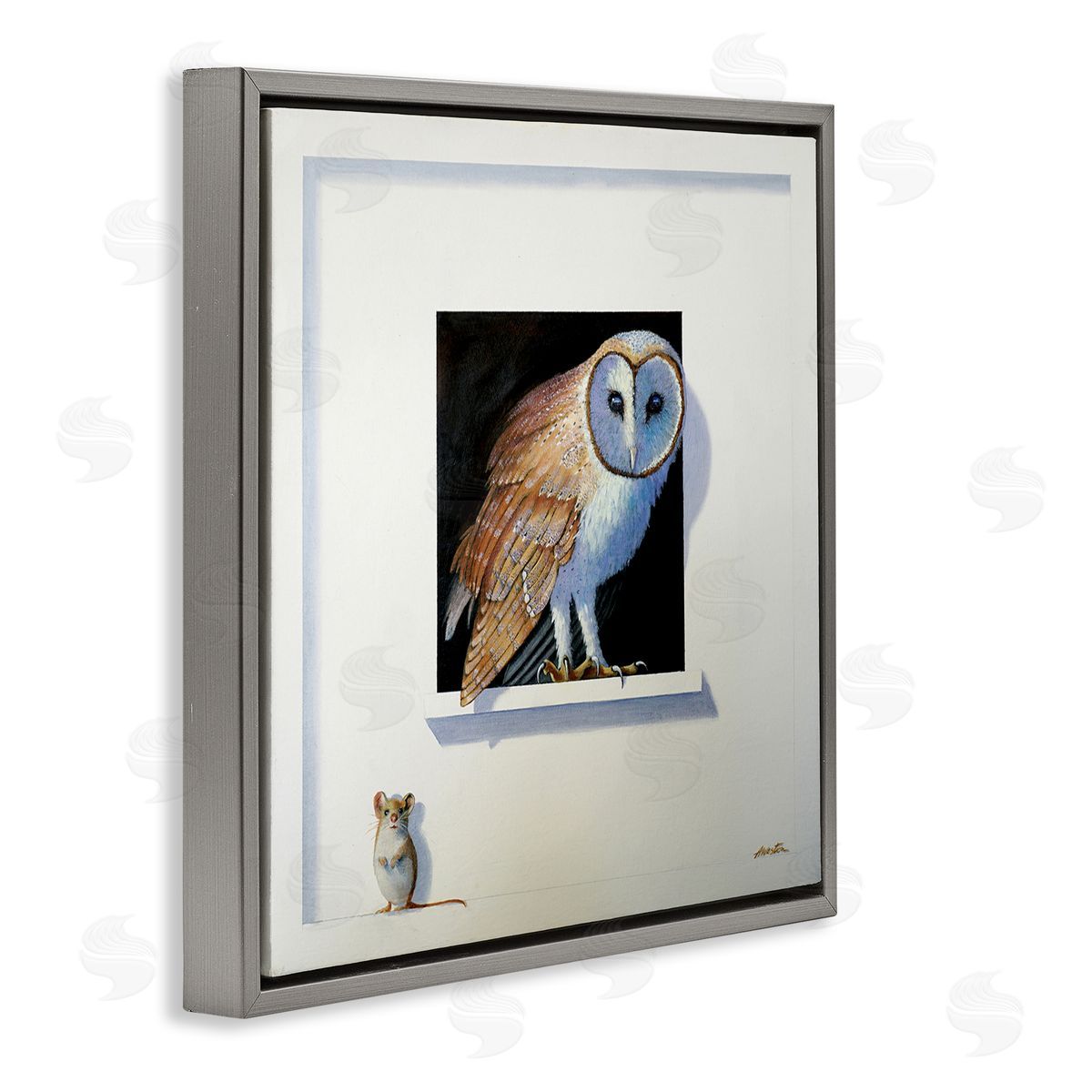 Alan Weston Barn Owl Peeking Little Hiding Mouse Painting Gray Floating Frame Canvas Wall Art Print