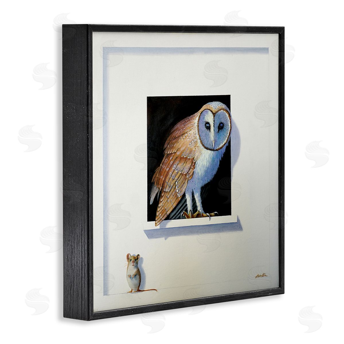 Alan Weston Barn Owl Peeking Little Hiding Mouse Painting Black Framed Glicee Wall Art Print