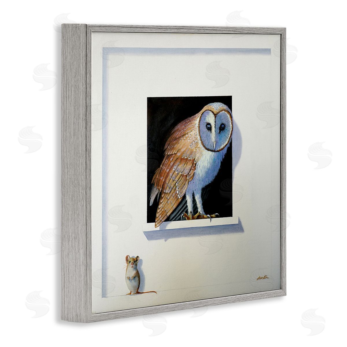 Alan Weston Barn Owl Peeking Little Hiding Mouse Painting Gray Framed Glicee Wall Art Print