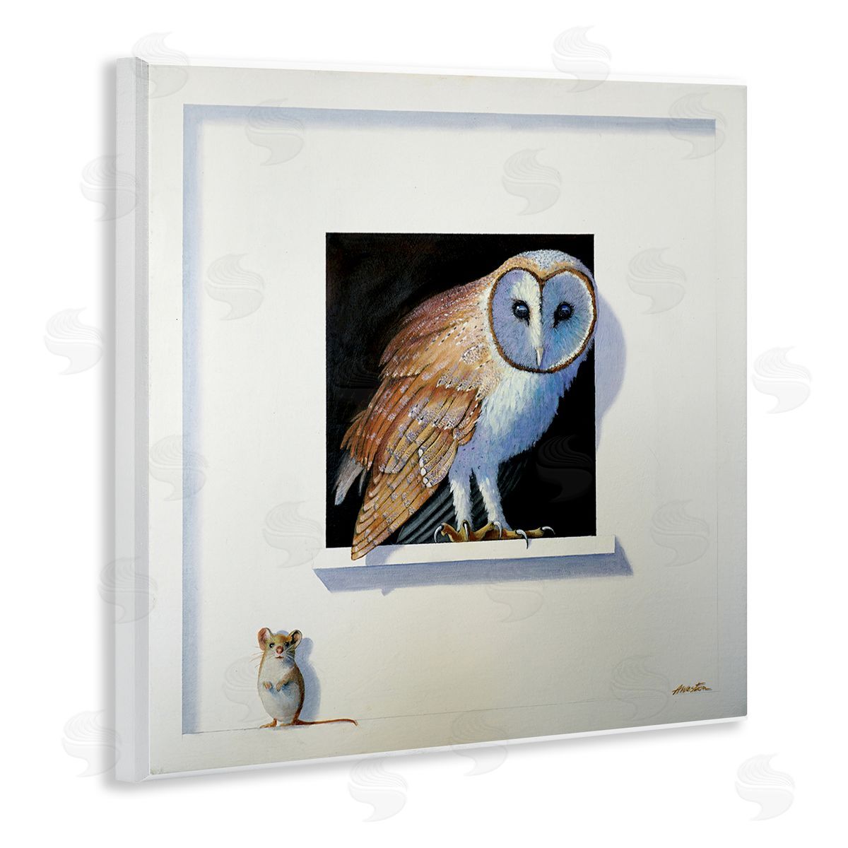 Alan Weston Barn Owl Peeking Little Hiding Mouse Painting Wooden Wall Plaque Art Print