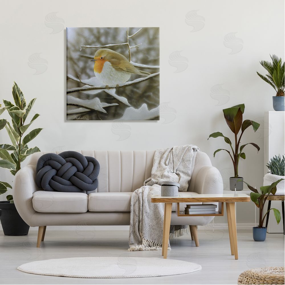 Alan Weston Little Bird Perched Detailed Snow Covered Twigs  Canvas Wall Art in Room