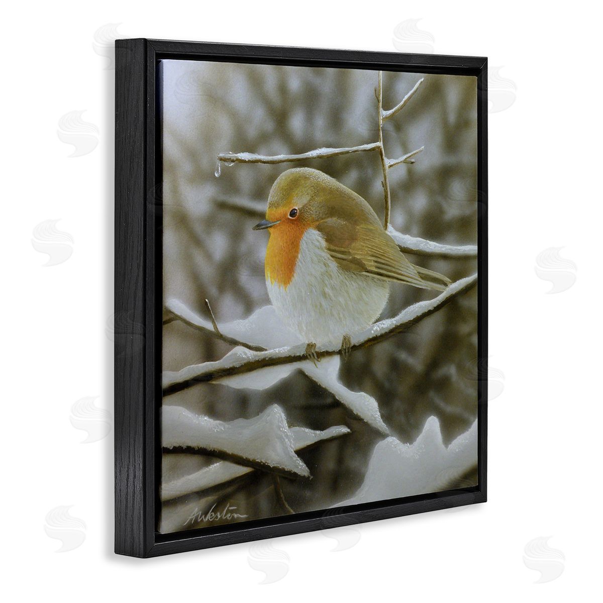Alan Weston Little Bird Perched Detailed Snow Covered Twigs  Black Floating Frame Canvas Wall Art Print