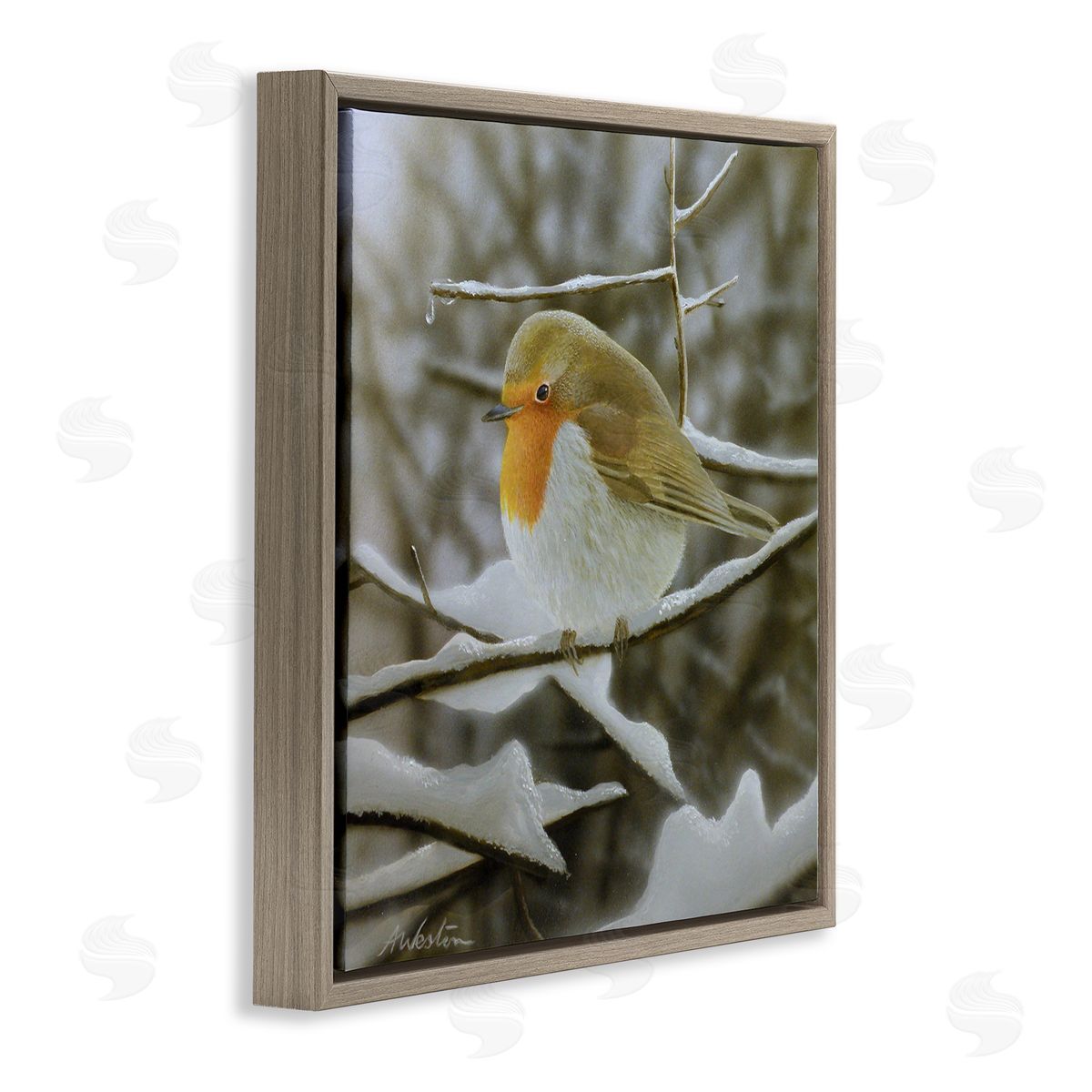 Alan Weston Little Bird Perched Detailed Snow Covered Twigs  Brown Floating Frame Canvas Wall Art Print