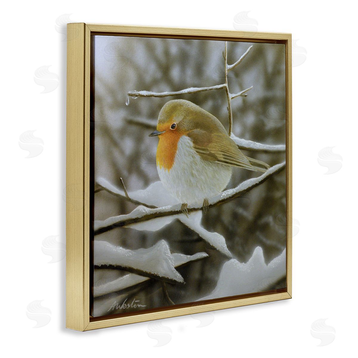 Alan Weston Little Bird Perched Detailed Snow Covered Twigs  Gold Floating Frame Canvas Wall Art Print