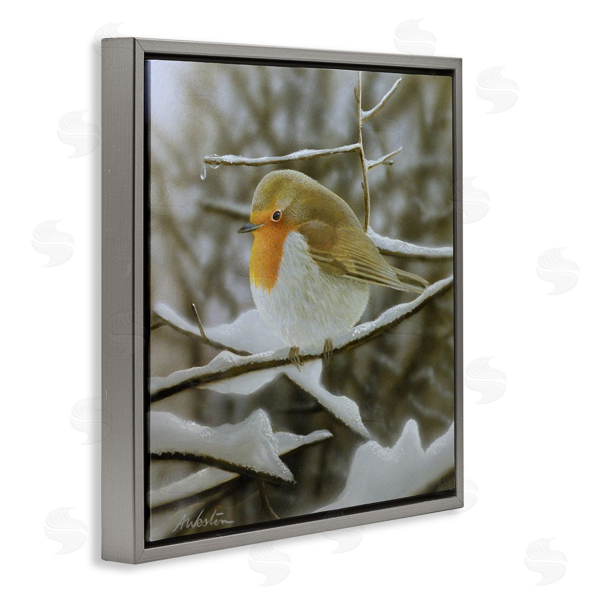 Alan Weston Little Bird Perched Detailed Snow Covered Twigs  Gray Floating Frame Canvas Wall Art Print