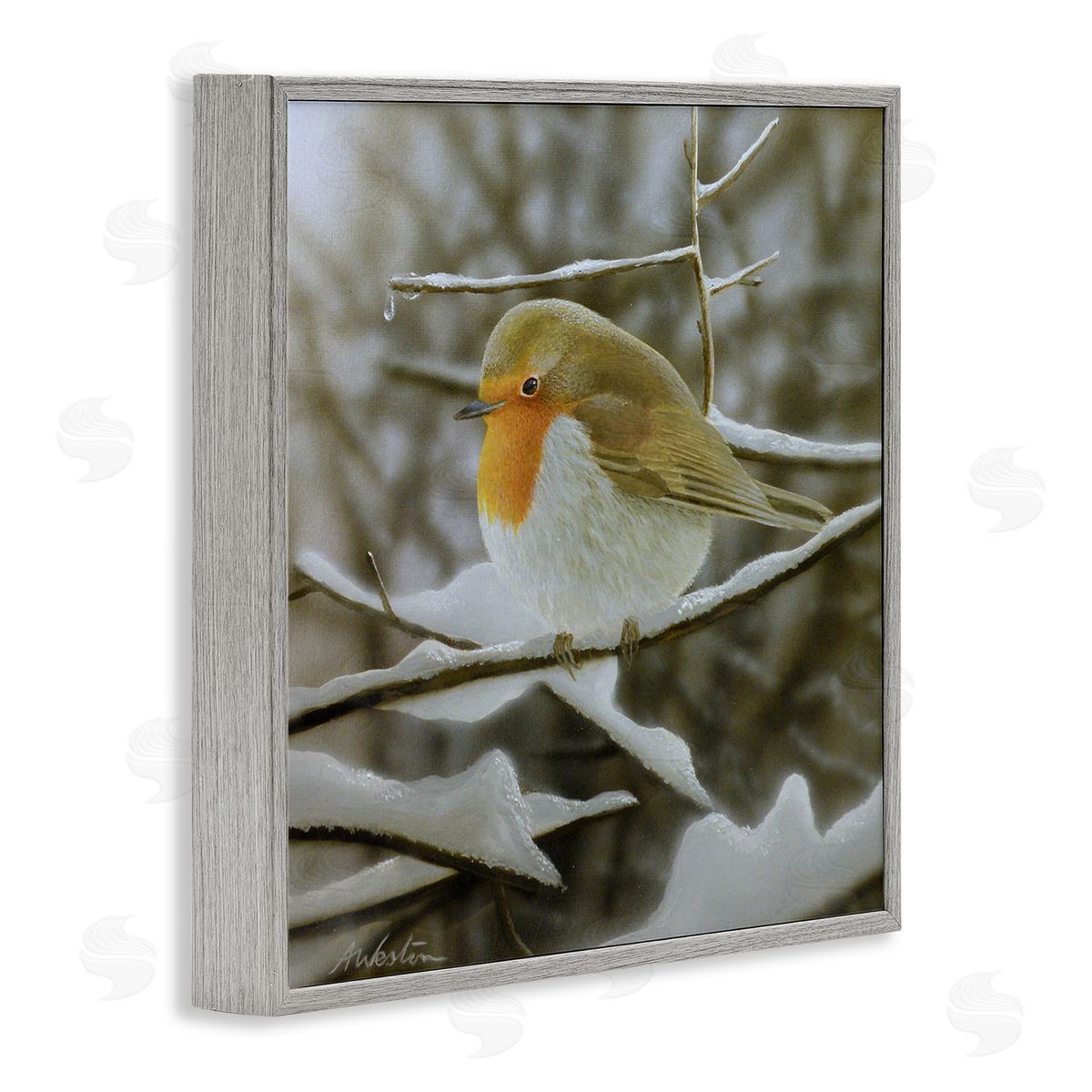 Alan Weston Little Bird Perched Detailed Snow Covered Twigs  Gray Framed Glicee Wall Art Print