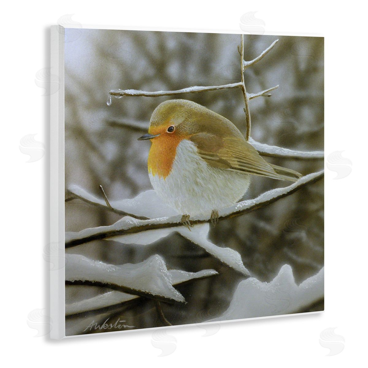Alan Weston Little Bird Perched Detailed Snow Covered Twigs  Wooden Wall Plaque Art Print