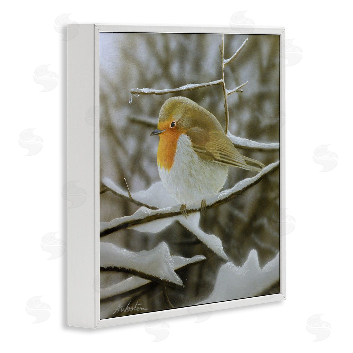 Alan Weston Little Bird Perched Detailed Snow Covered Twigs  White Framed Glicee Wall Art Print