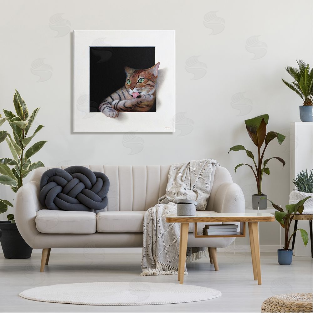 Alan Weston Manx Cat Grooming Green Eyes Optical Illusion Canvas Wall Art in Room