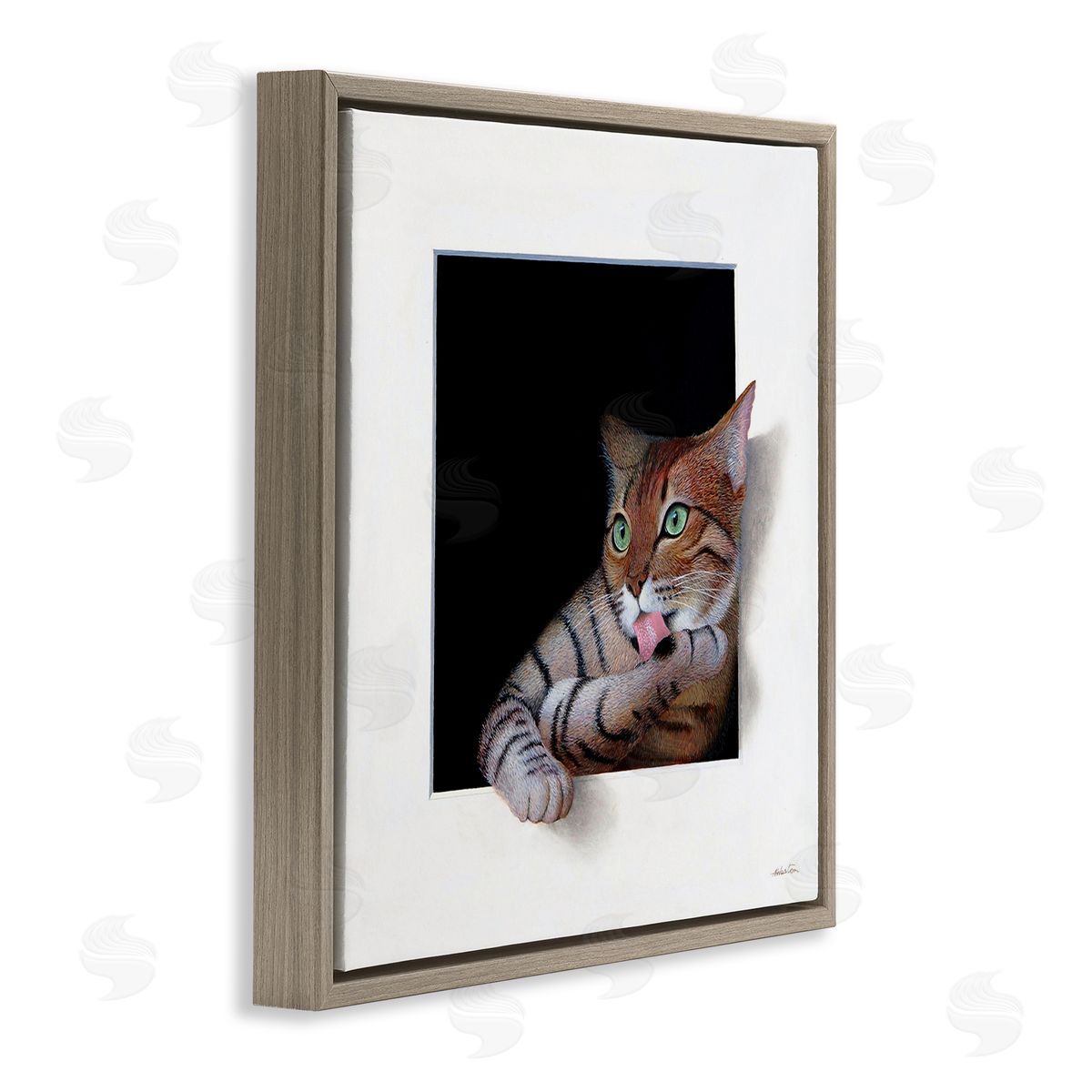 Alan Weston Manx Cat Grooming Green Eyes Optical Illusion Brown Floating Frame Canvas Wall Art Print