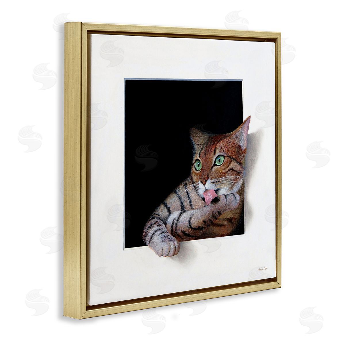 Alan Weston Manx Cat Grooming Green Eyes Optical Illusion Gold Floating Frame Canvas Wall Art Print