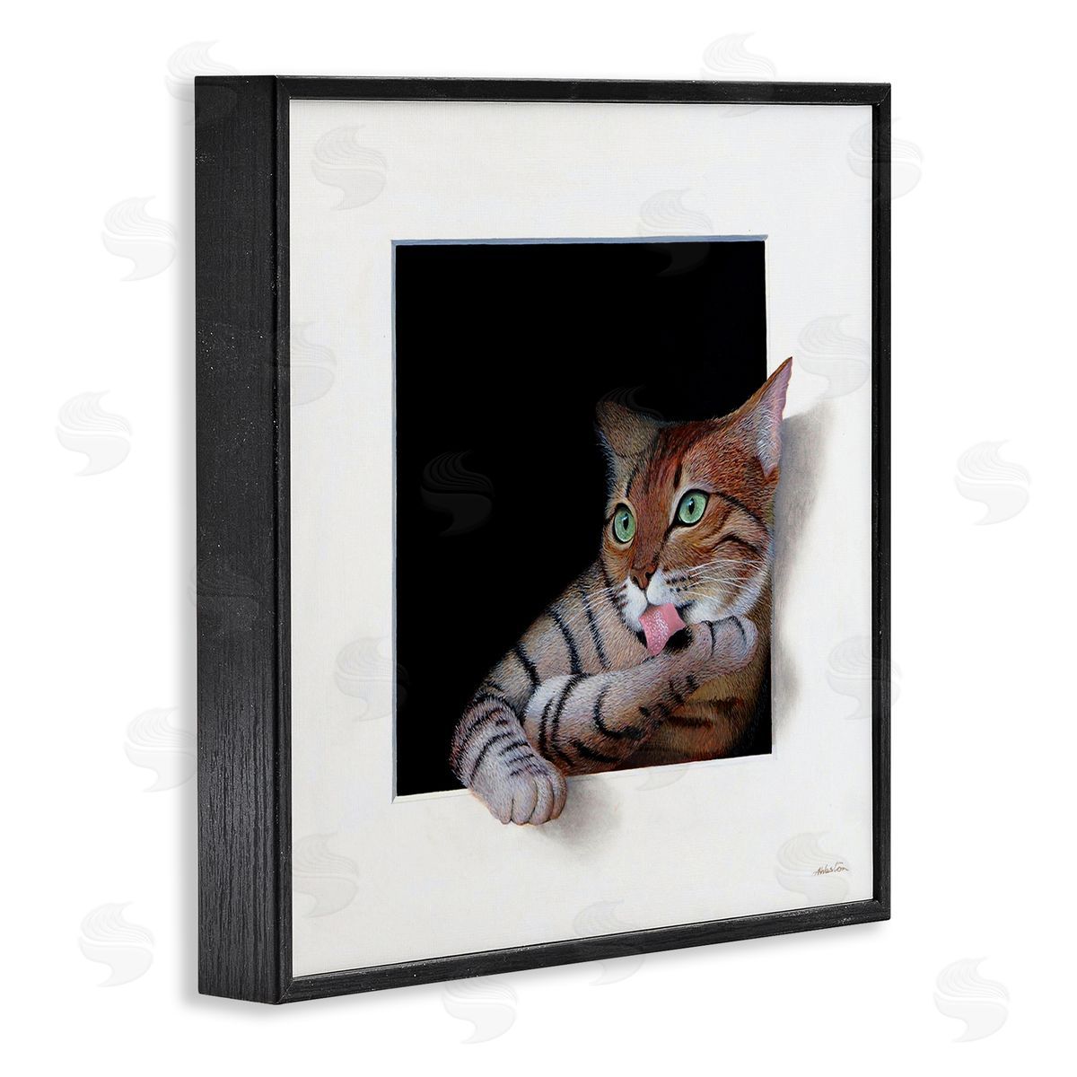 Alan Weston Manx Cat Grooming Green Eyes Optical Illusion Black Framed Glicee Wall Art Print