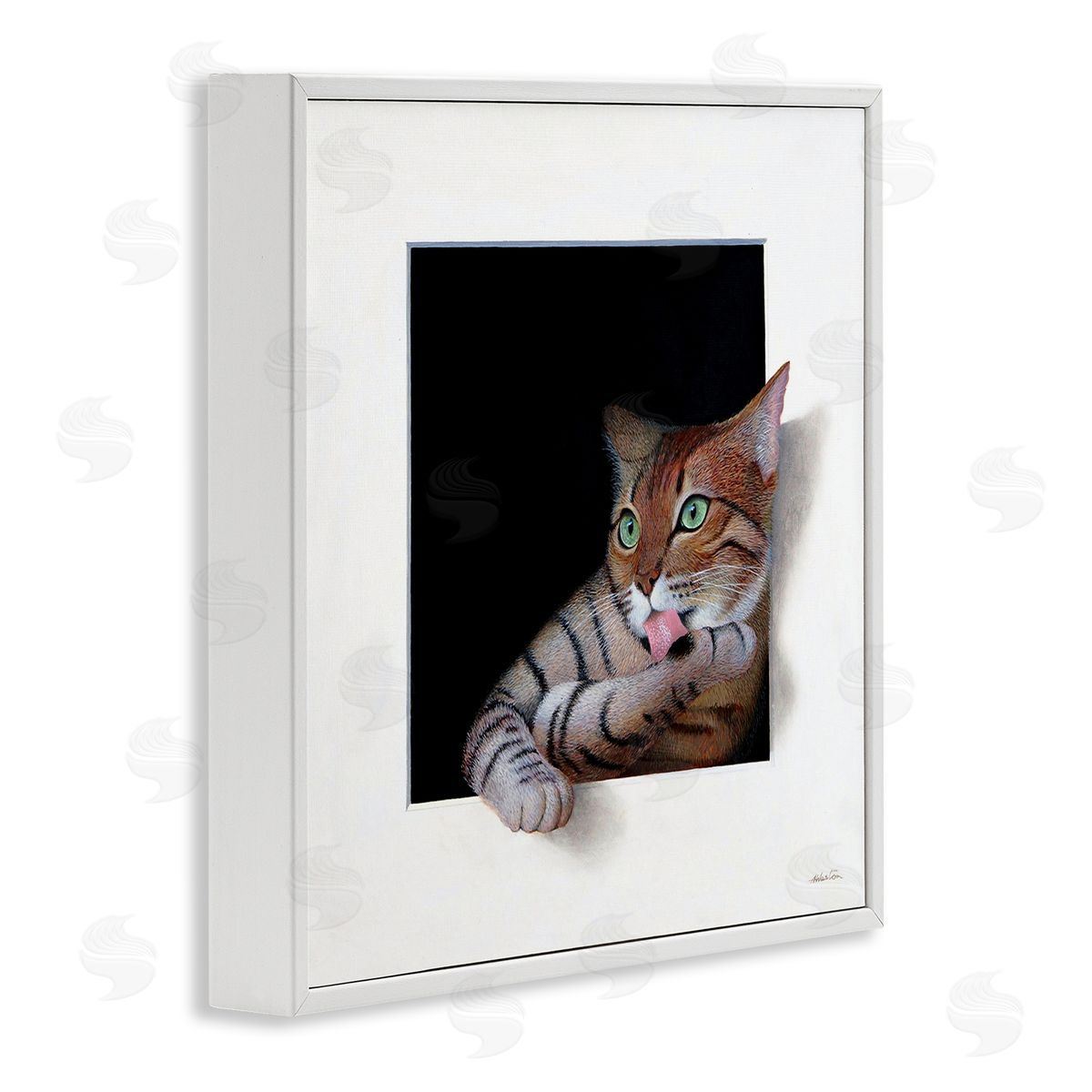 Alan Weston Manx Cat Grooming Green Eyes Optical Illusion White Framed Glicee Wall Art Print