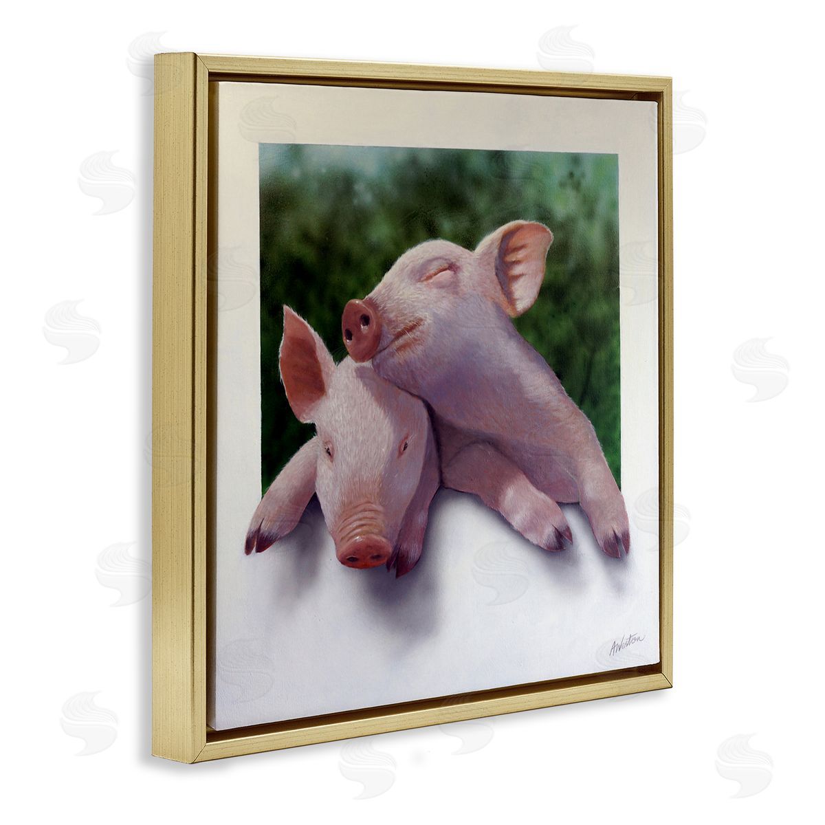 Alan Weston Sweet Cuddling Pigs Sentimental Farm Animal Portrait Gold Floating Frame Canvas Wall Art Print