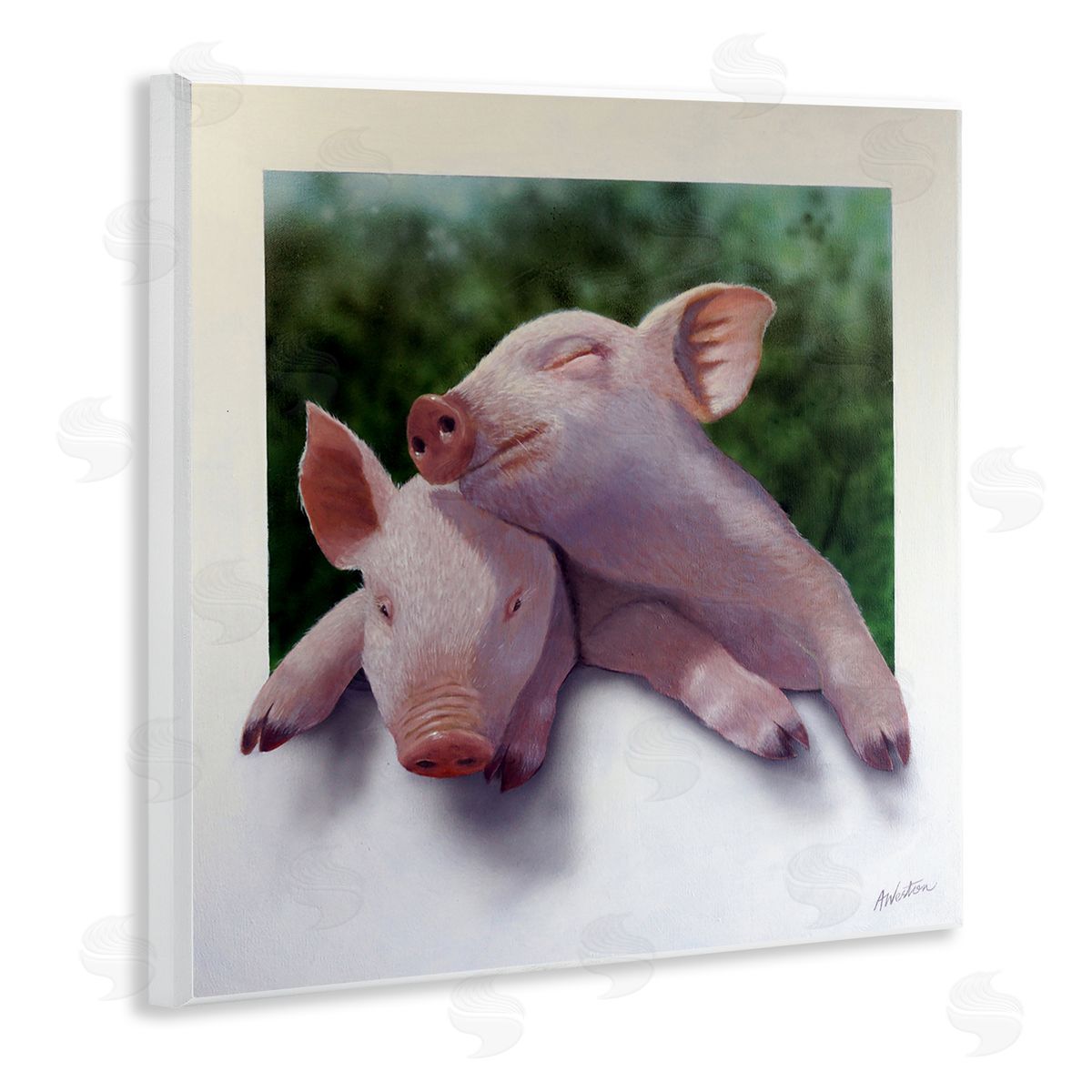 Alan Weston Sweet Cuddling Pigs Sentimental Farm Animal Portrait Wooden Wall Plaque Art Print