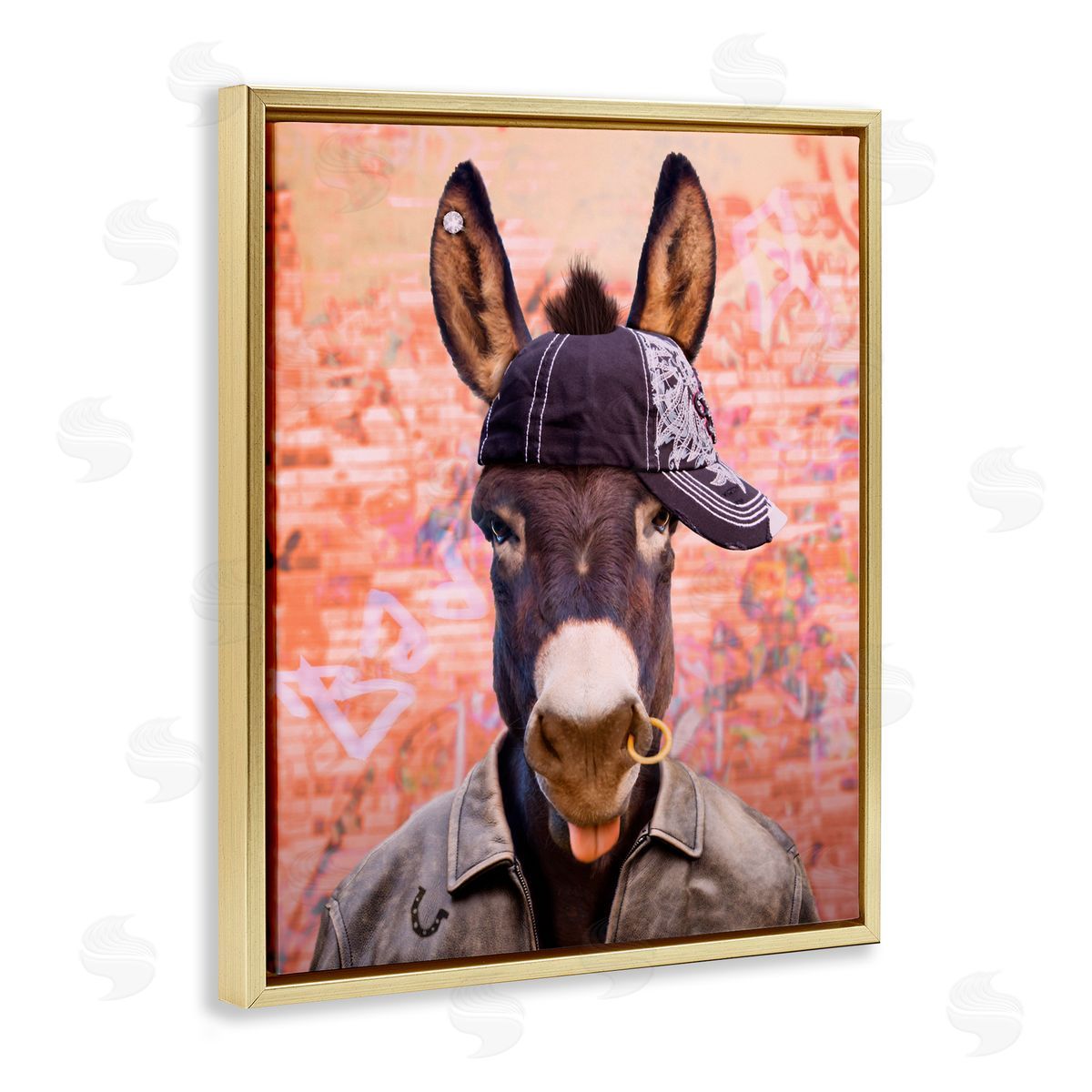 Michael Quackenbush Cool Trendy Donkey Wearing Hat Street Graffiti  Gold Floating Frame Canvas Wall Art Print