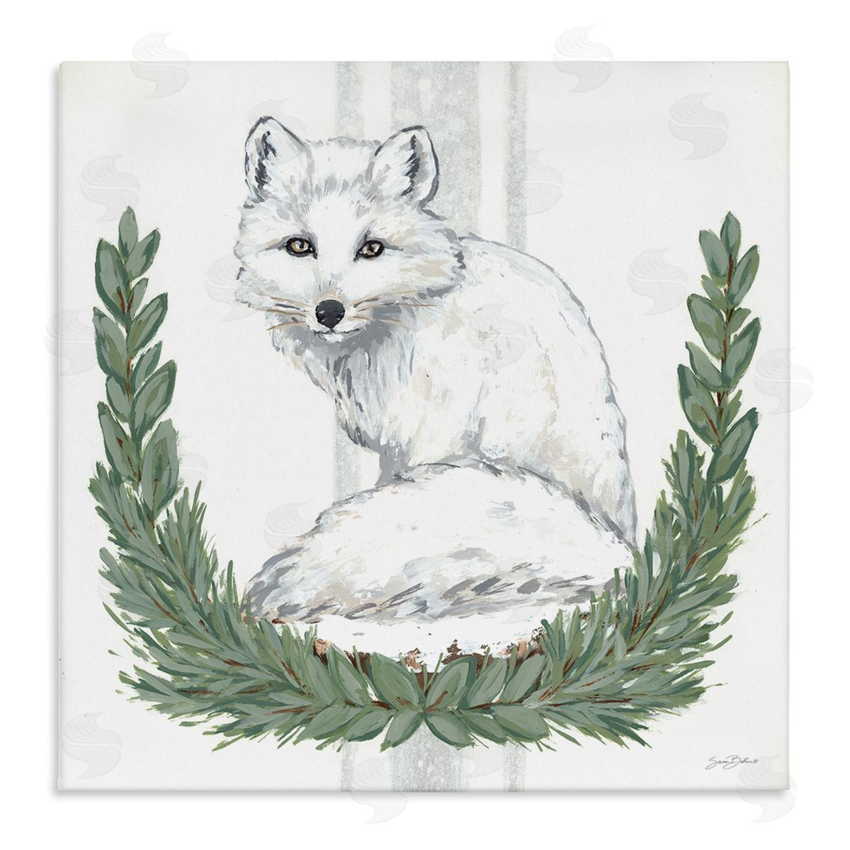 Sara Baker White Arctic Fox Stripes Botanical Laurel Border  Stretched Canvas Wall Art Print