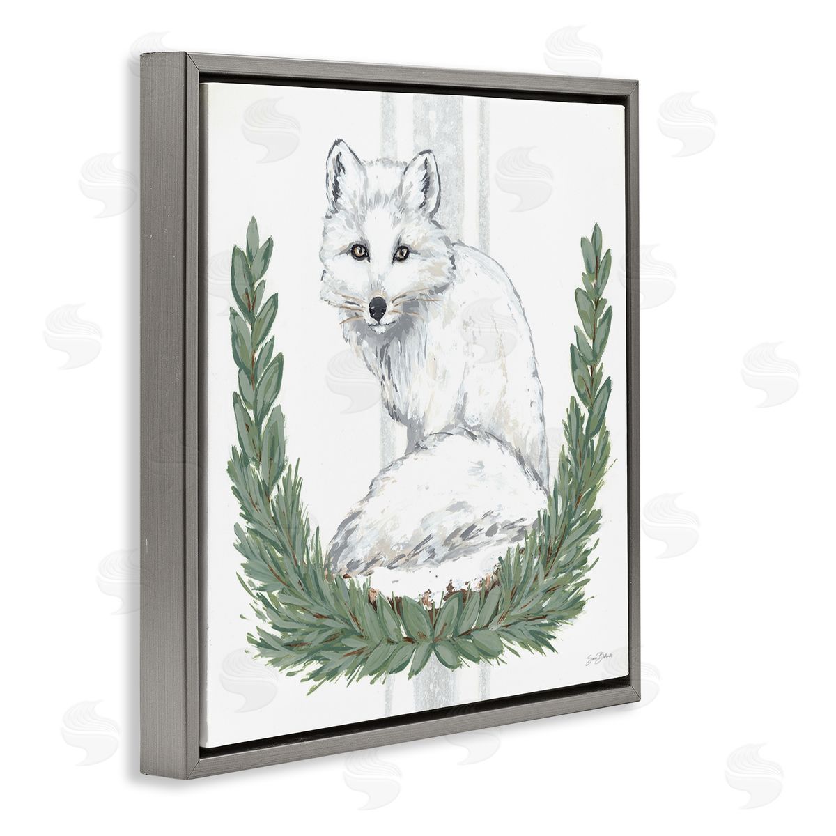 Sara Baker White Arctic Fox Stripes Botanical Laurel Border  Gray Floating Frame Canvas Wall Art Print
