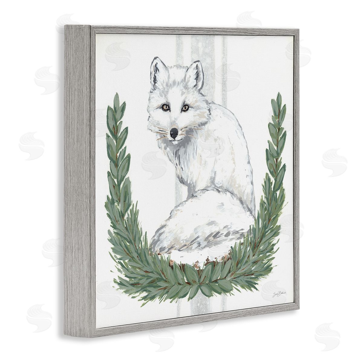 Sara Baker White Arctic Fox Stripes Botanical Laurel Border  Gray Framed Glicee Wall Art Print