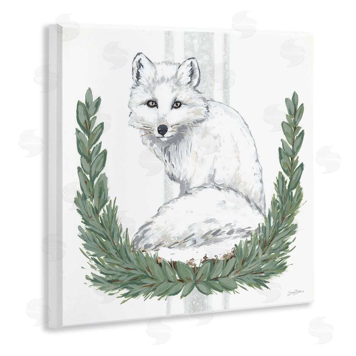 Sara Baker White Arctic Fox Stripes Botanical Laurel Border  Wooden Wall Plaque Art Print