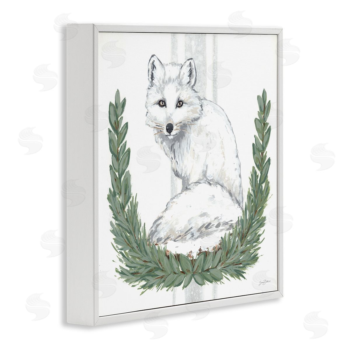 Sara Baker White Arctic Fox Stripes Botanical Laurel Border  White Framed Glicee Wall Art Print