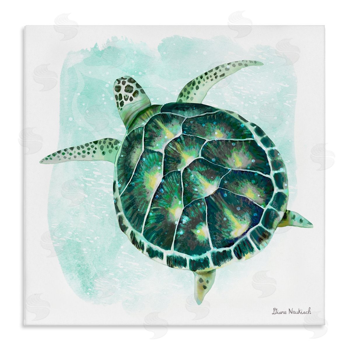 Diane Neukirch Green Speckled Sea Turtle Swimming Ocean Water Stretched Canvas Wall Art Print