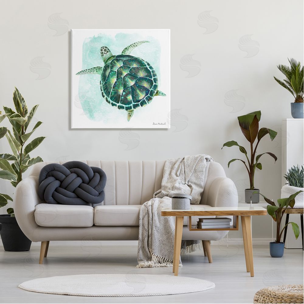 Diane Neukirch Green Speckled Sea Turtle Swimming Ocean Water Canvas Wall Art in Room