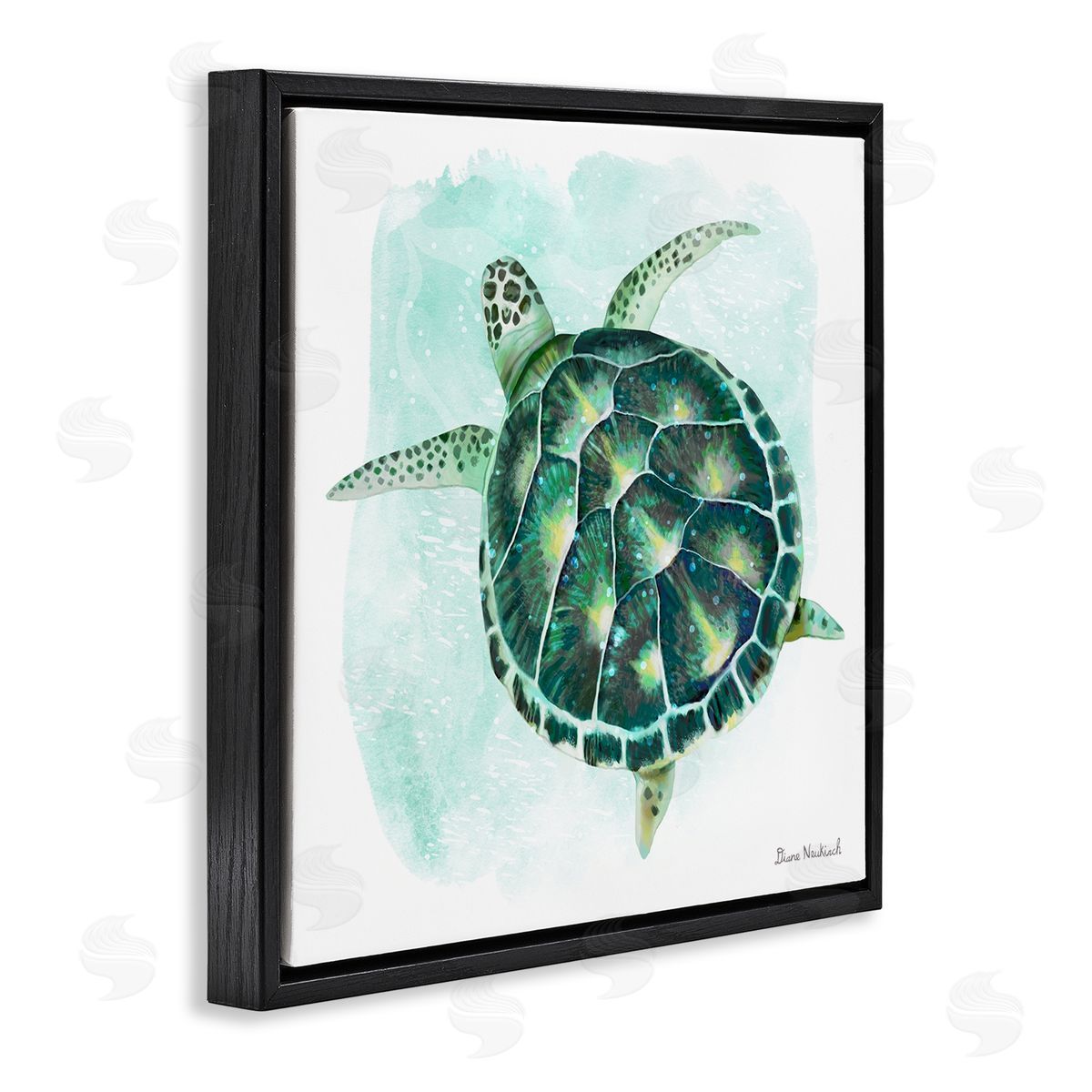 Diane Neukirch Green Speckled Sea Turtle Swimming Ocean Water Black Floating Frame Canvas Wall Art Print
