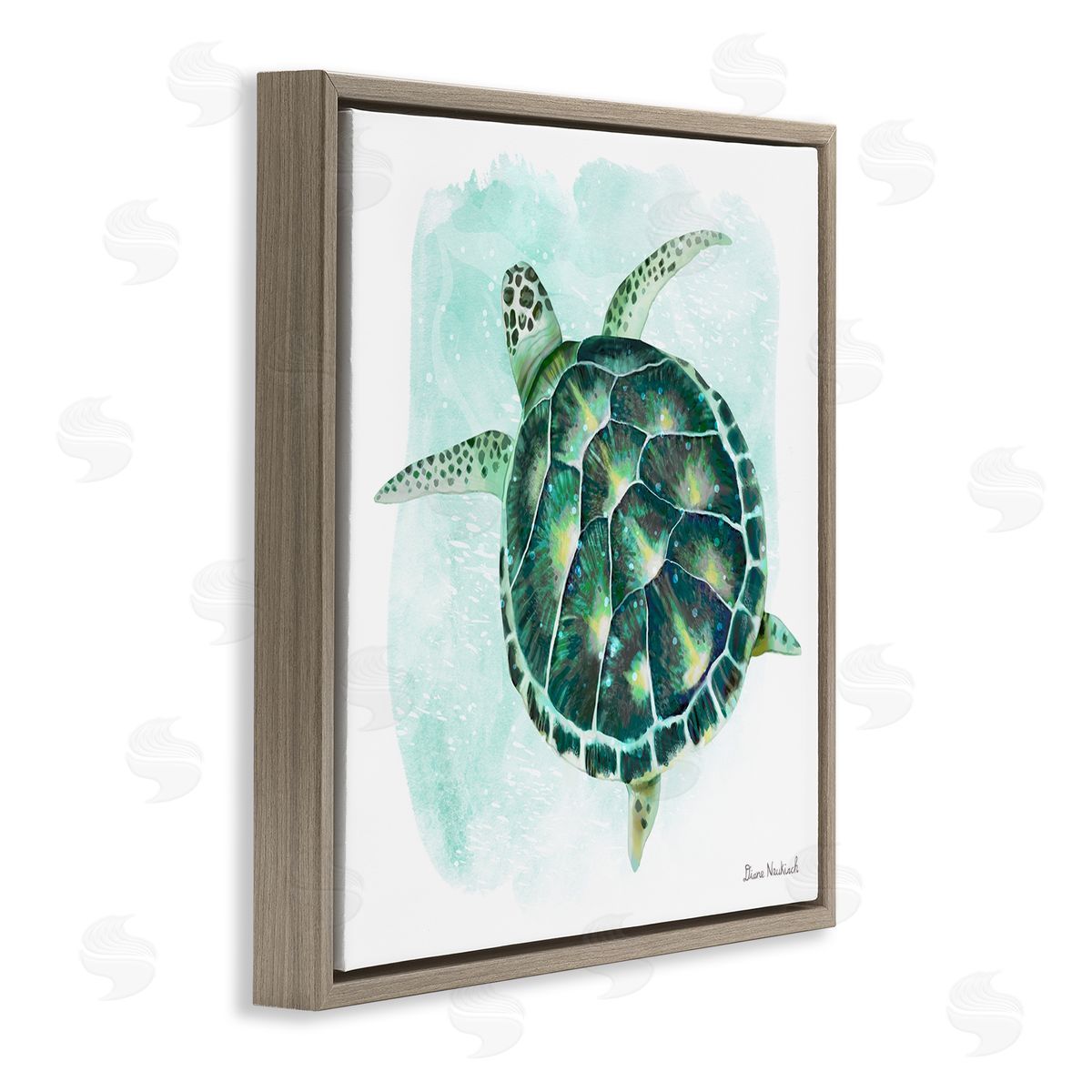 Diane Neukirch Green Speckled Sea Turtle Swimming Ocean Water Brown Floating Frame Canvas Wall Art Print