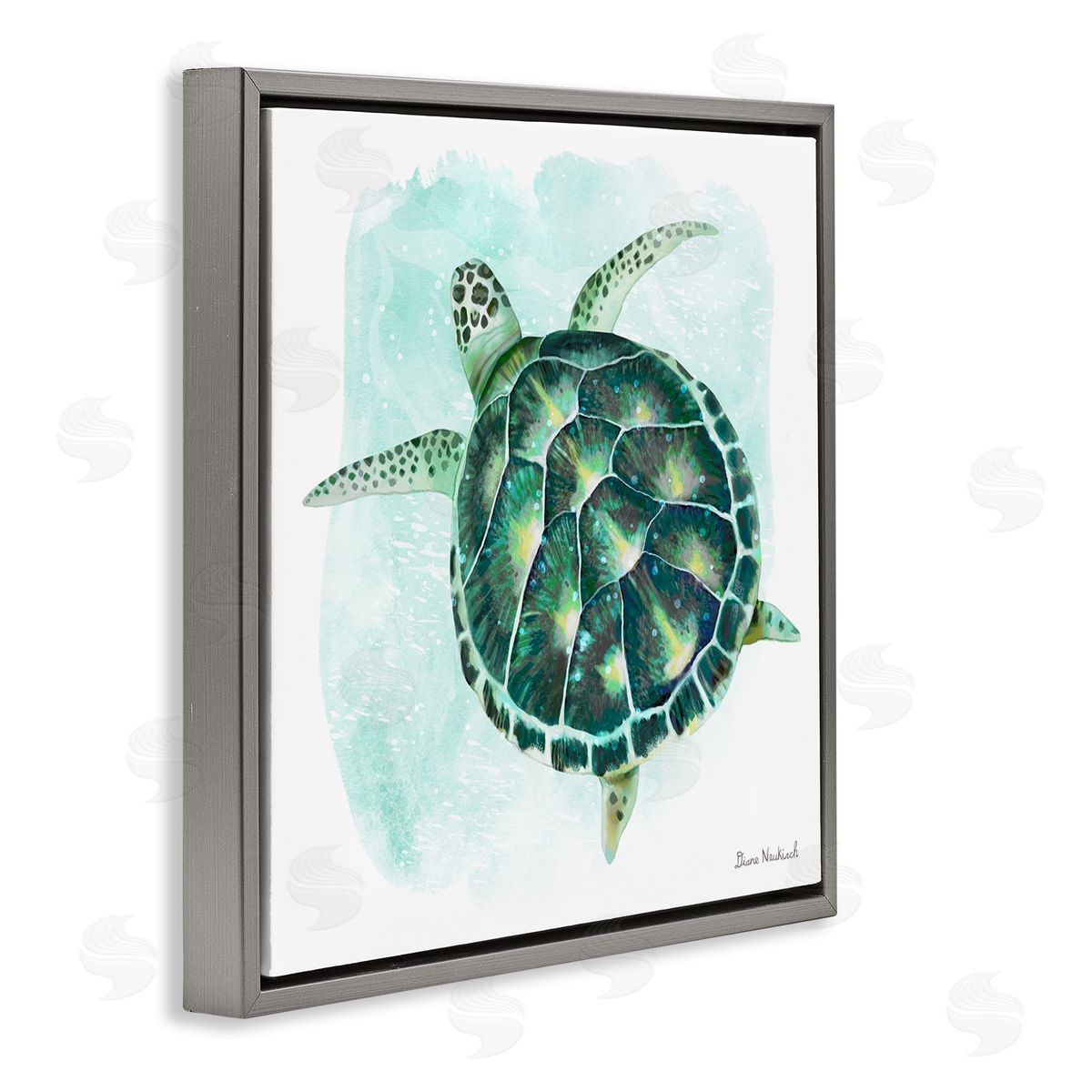 Diane Neukirch Green Speckled Sea Turtle Swimming Ocean Water Gray Floating Frame Canvas Wall Art Print
