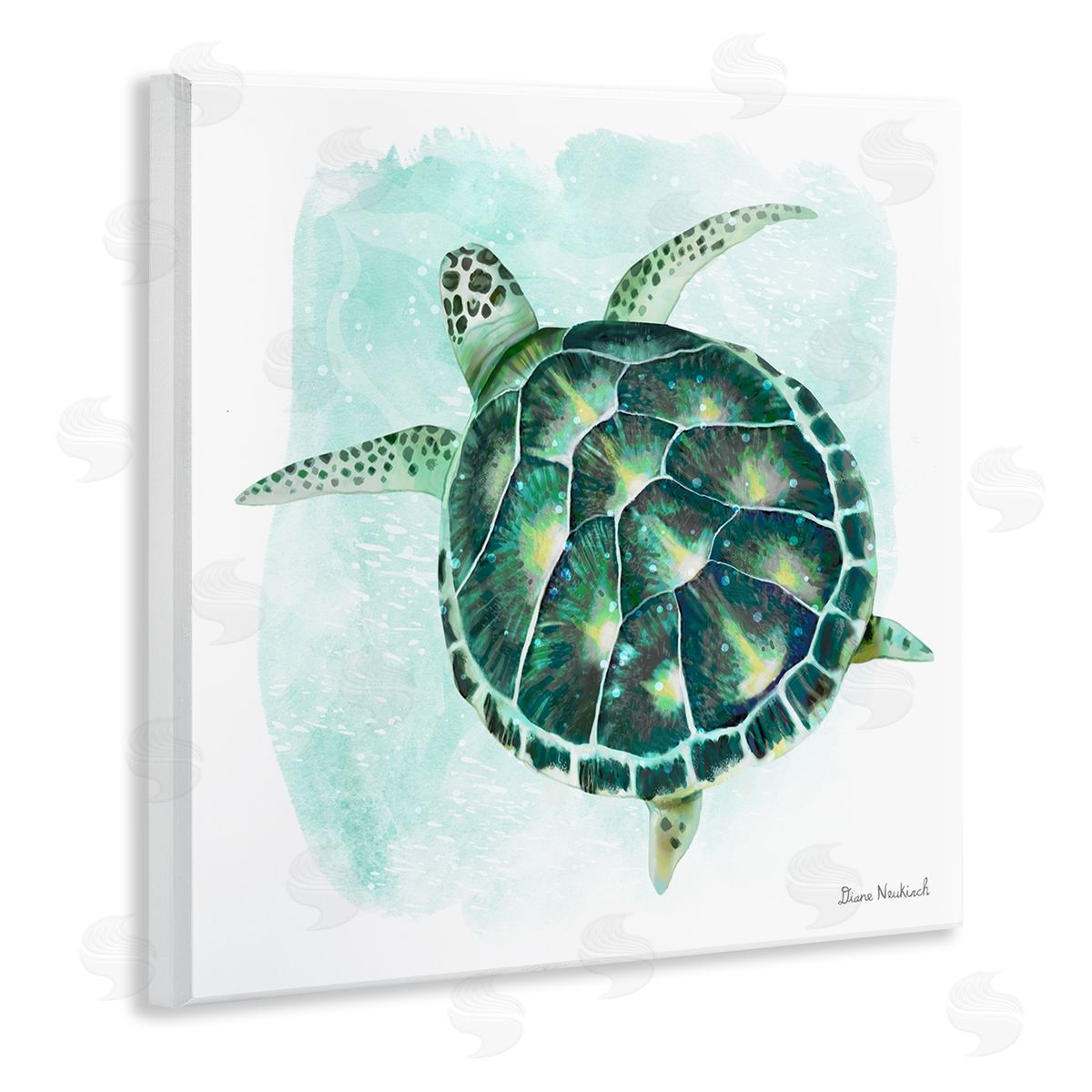 Diane Neukirch Green Speckled Sea Turtle Swimming Ocean Water Wooden Wall Plaque Art Print